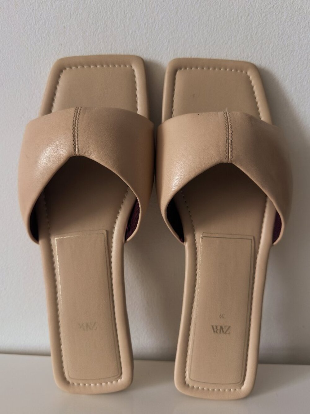 Zara Nude Beige Square-Toe Flat Slide Sandals EU 39